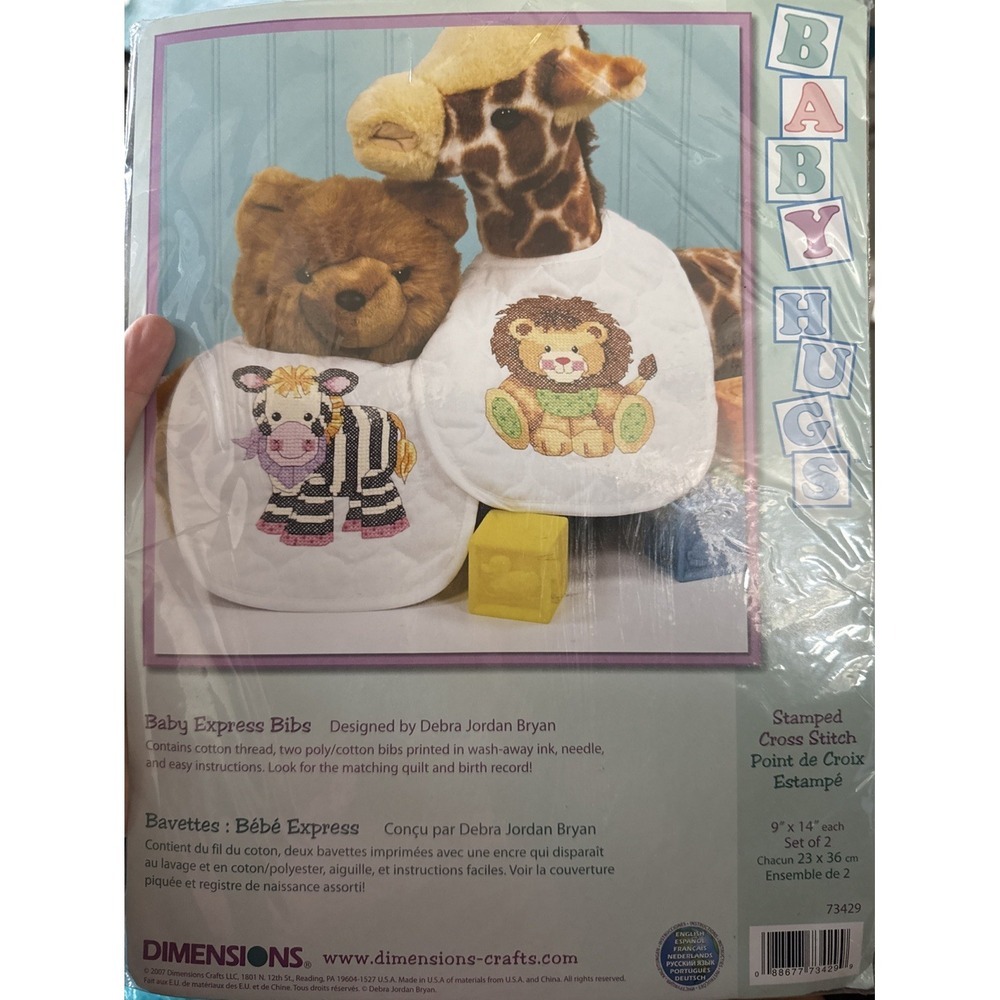 Dimensions Baby Hugs Express Bibs Stamped Cross Stitch Kit 73429 W/ 2 Bibs New